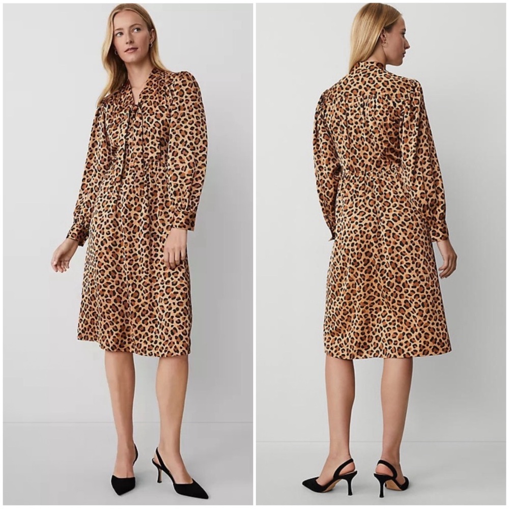 ANN TAYLOR Women’s Size 14 Animal Print Satin Tie-Neck Long Sleeve Midi Dress